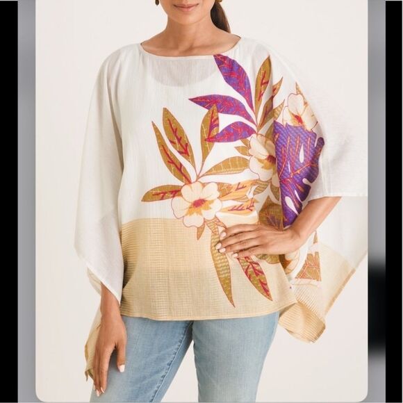 Chico’s Poncho Dramatic Foliage Floral Leaf Print Tunic Top Size S/M - Picture 1 of 8